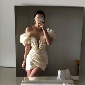 House of CB Cream Satin Off-Shoulder Puff Sleeve Mini Dress